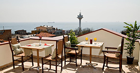 Sphendon Hotel terrace provides a magnificent view of Marmara Sea